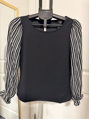 Ann Taylor Factory Black Blouse with Black & White Striped Puff Sleeves